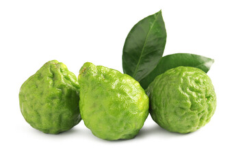 Fresh ripe bergamot fruits and leaves on white background