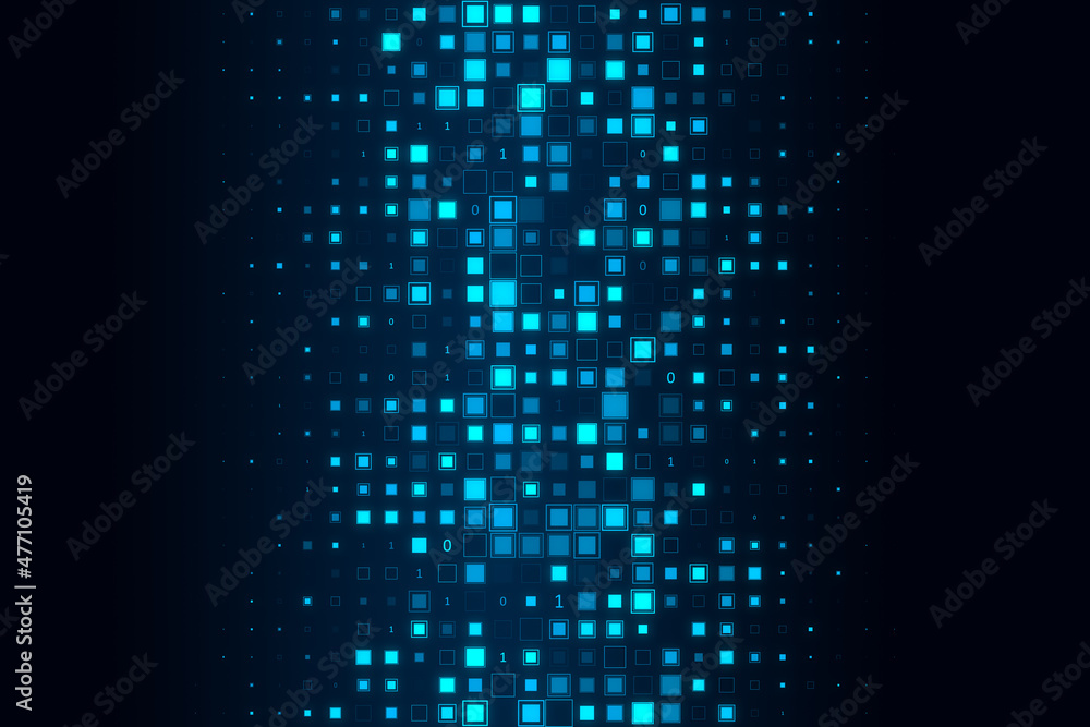 Poster Abstract glowing binary code and pixel background. Design and technology concept. 3D Rendering.