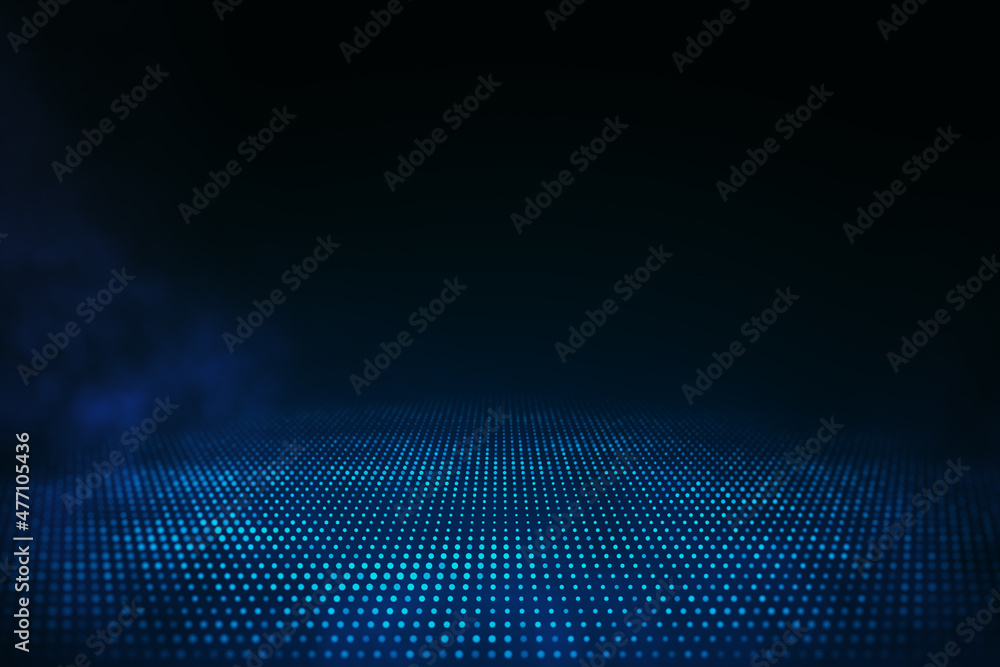 Poster creative dark digital background with glowing blue smoke and mock up place. design and technology co