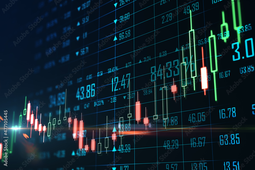 Poster creative glowing big data forex chart candlestick hologram on dark background. trade, technology and