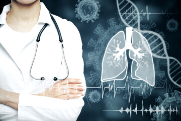 Abstract image of medical worker with glowing interface of lungs and virus on blurry background. Medicine, healthcare and pandemic concept. Double exposure.