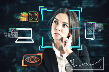 Portrait of attractive young european woman with abstract glowing face recognition interface....