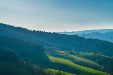 Naklejka premium Germany, Aerial black forest panorama view above green pastures nature landscape and edge of the forest with shadows at sunset