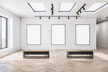 Modern exhibition hall interior with empty white mock up banners, window and city view, seats, wooden flooring. Gallery concept. 3D Rendering.