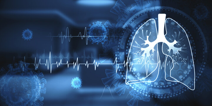 Abstract image of medical interface with lungs and virus on blurry interior background. Medicine, healthcare and pandemic concept. Double exposure.