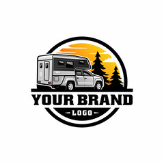 camper truck, motorhome, camper van, rv journey to mountains and lake, pine forest background