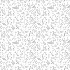 Seamless pattern with hand drawn icons on a theme medicine and health, black contour on white background