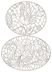 A set of contour illustrations in the style of stained glass with birds and flowers, dark contours on a white background