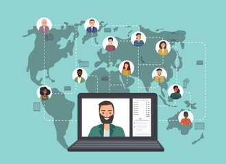Colleagues from different countries work together online. Working and friendly communication. Connecting people in the app and messengers. Working together remotely. Vector flat illustration