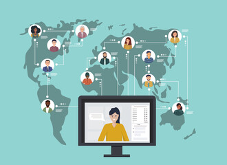 Colleagues from different countries work together online. Working and friendly communication. Connecting people in the app and messengers. Working together remotely. Vector flat illustration