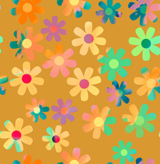 Obraz premium Abstract Colorful Brush Textured Flowers Seamless Pattern Stylish Trendy Colors Perfect for Allover Fabric Print or Wrapping Paper