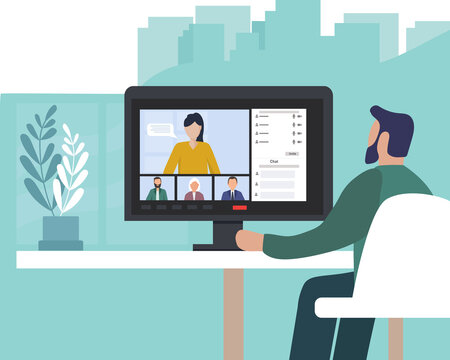 A videoconference of colleagues working together. Working and friendly remote communication over the Internet. Connecting people in an app and messenger. Flat vector illustration