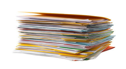 Stack of different files with documents on white background
