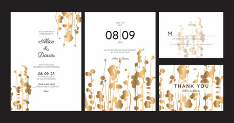 Elegant watercolor wedding invitation card with greenery leaves..