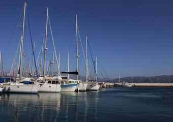 Naklejka na ściany i meble White yachts with high masts parked in a sea bay, marine or harbor.
