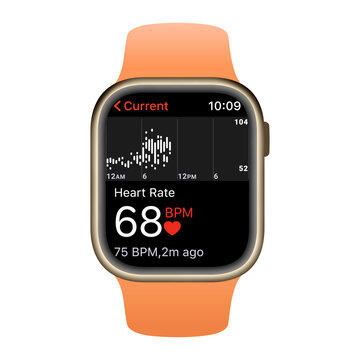Apple watch series 7. Heart rate control with smart watch. Wristwatch heart beat measurement. Vector Stock illustration.