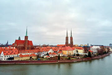 Aerial view of Wroclaw cityscape panorama in Poland. Cathedral of St. John on Tumski island, bird eye view