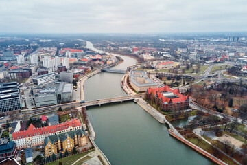 Obraz premium Aerial view of Wroclaw cityscape panorama in Poland. Cathedral of St. John on Tumski island, bird eye view