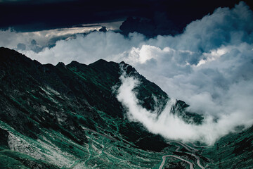 Fog covered mountain summer landscape in Transfagarasan, Romania
