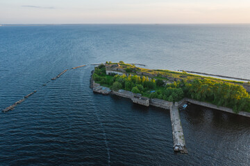 Panoramic aerial view of Fort Totleben Pervomaisky on a summer day in the waters of the Gulf of...