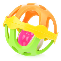 Round multicolored rattle on a white background. Plastic toy for children. Developing rattle