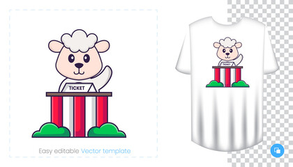 Cute sheep character. Prints on T-shirts, sweatshirts, cases for mobile phones, souvenirs. Isolated vector illustration on white background.