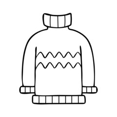 Coloring page warm sweater with patterns. Winter cozy clothes with a thin line art. Hand drawn vector illustration. Coloring book for children. Isolated on a white background.