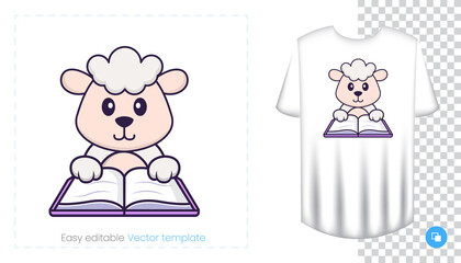 Cute sheep character. Prints on T-shirts, sweatshirts, cases for mobile phones, souvenirs. Isolated vector illustration on white background.