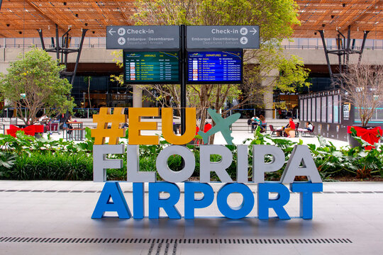 Florianopolis, Santa Catarina, Brazil - December 21, 2021: Outdoor waiting hall in Hercilio Luz airport in Florianopolis, Brazil.