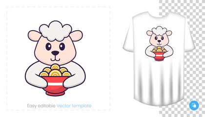 Cute sheep character. Prints on T-shirts, sweatshirts, cases for mobile phones, souvenirs. Isolated vector illustration on white background.