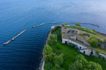 Panoramic aerial view of Fort Totleben Pervomaisky on a summer day in the waters of the Gulf of...