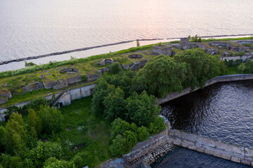 Panoramic aerial view of Fort Totleben Pervomaisky on a summer day in the waters of the Gulf of...