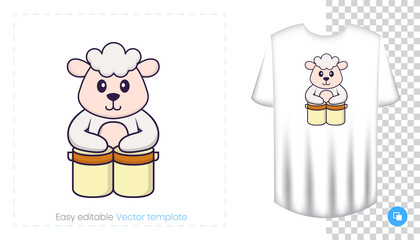 Cute sheep character. Prints on T-shirts, sweatshirts, cases for mobile phones, souvenirs. Isolated vector illustration on white background.