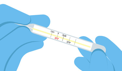 Hands in medical gloves hold a medical thermometer.