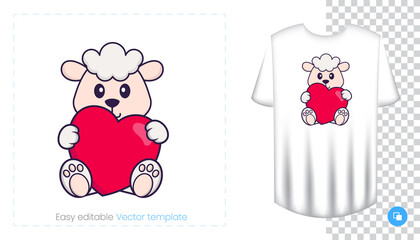 Cute sheep character. Prints on T-shirts, sweatshirts, cases for mobile phones, souvenirs. Isolated vector illustration on white background.