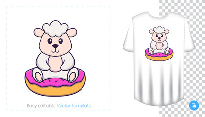 Cute sheep character. Prints on T-shirts, sweatshirts, cases for mobile phones, souvenirs. Isolated vector illustration on white background.