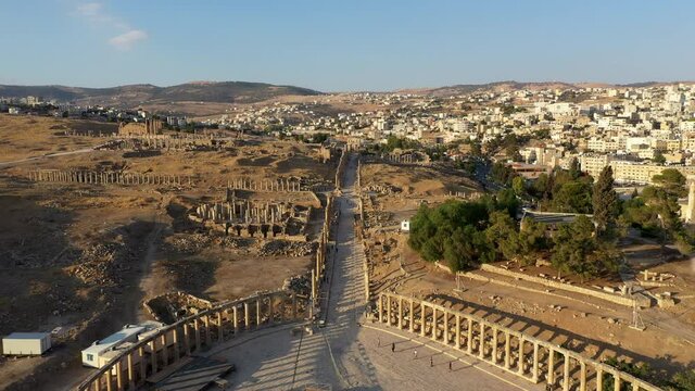 Aerial view of the ruins of Jerash in Jordan in a beautiful sunset