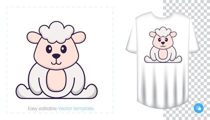 Cute sheep character. Prints on T-shirts, sweatshirts, cases for mobile phones, souvenirs. Isolated vector illustration on white background.