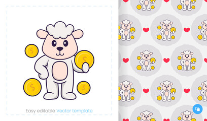 Seamless pattern with cartoon sheep on white background. Can be used on packaging paper, cloth and others.
