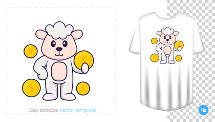 Cute sheep character. Prints on T-shirts, sweatshirts, cases for mobile phones, souvenirs. Isolated vector illustration on white background.