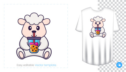 Cute sheep character. Prints on T-shirts, sweatshirts, cases for mobile phones, souvenirs. Isolated vector illustration on white background.