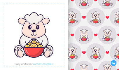 Seamless pattern with cartoon sheep on white background. Can be used on packaging paper, cloth and others.