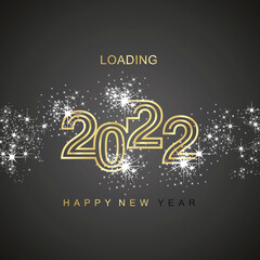 Fototapeta na wymiar Happy New Year 2022 loading white light sparkle firework golden triple line design typography black background vector greetings