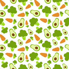 Pattern with vegetables: avocado, carrot, broccoli. Bright colors, plant-based vegetarian food, healthy eating. Vector illustration.