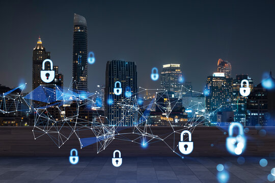 Rooftop with wooden terrace, Bangkok night skyline. Cyber security concept to protect clients confidential information. IT hologram padlock icons. City downtown. Double exposure. - Powered by Adobe