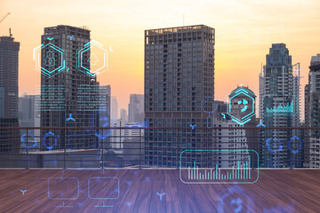Rooftop with wooden terrace, Bangkok sunset skyline. Hi tech digital holograms to optimize business...