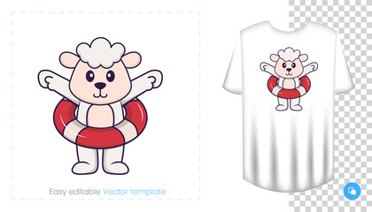 Cute sheep character. Prints on T-shirts, sweatshirts, cases for mobile phones, souvenirs. Isolated vector illustration on white background.