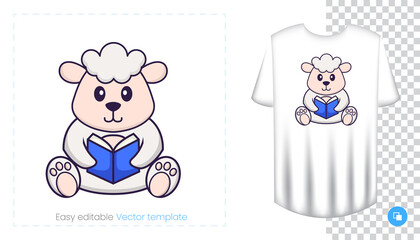 Cute sheep character. Prints on T-shirts, sweatshirts, cases for mobile phones, souvenirs. Isolated vector illustration on white background.