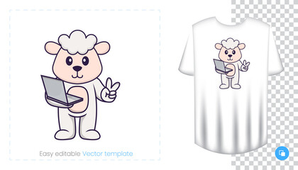 Cute sheep character. Prints on T-shirts, sweatshirts, cases for mobile phones, souvenirs. Isolated vector illustration on white background.