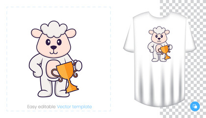 Cute sheep character. Prints on T-shirts, sweatshirts, cases for mobile phones, souvenirs. Isolated vector illustration on white background.